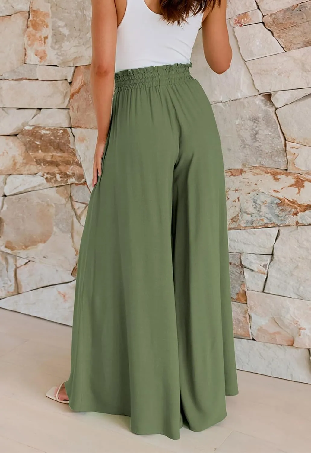 GUOLEZEEV Women Wide Leg Pants High Waisted Beach Pants Long Culottes Trendy Flowy Pants with Pockets