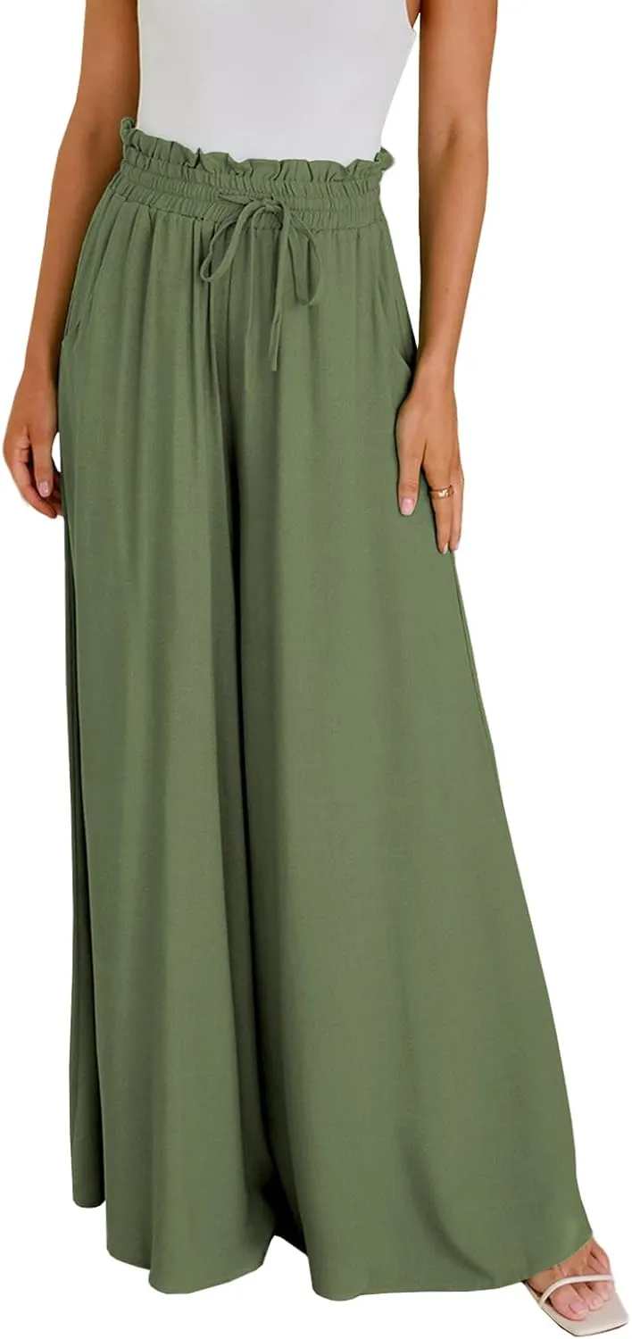 GUOLEZEEV Women Wide Leg Pants High Waisted Beach Pants Long Culottes Trendy Flowy Pants with Pockets