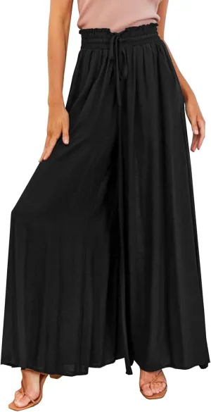 GUOLEZEEV Women Wide Leg Pants High Waisted Beach Pants Long Culottes Trendy Flowy Pants with Pockets