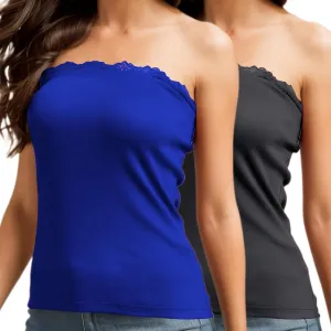 H HIAMIGOS 2 Pack Strapless Tube Tops for Women Lace Bandeau Top Long Ribbed Full Length Top No Bra