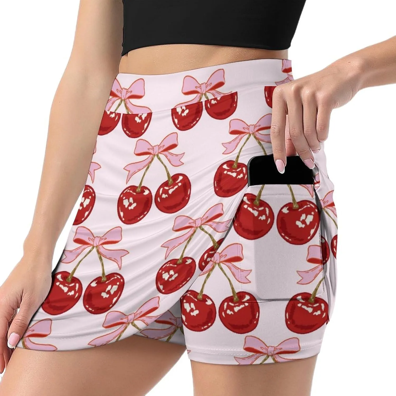 Hand Drawn Red Cherries Women's Mini Tennis Skirt with Shorts Underneath Athletic Workout Cute Skorts