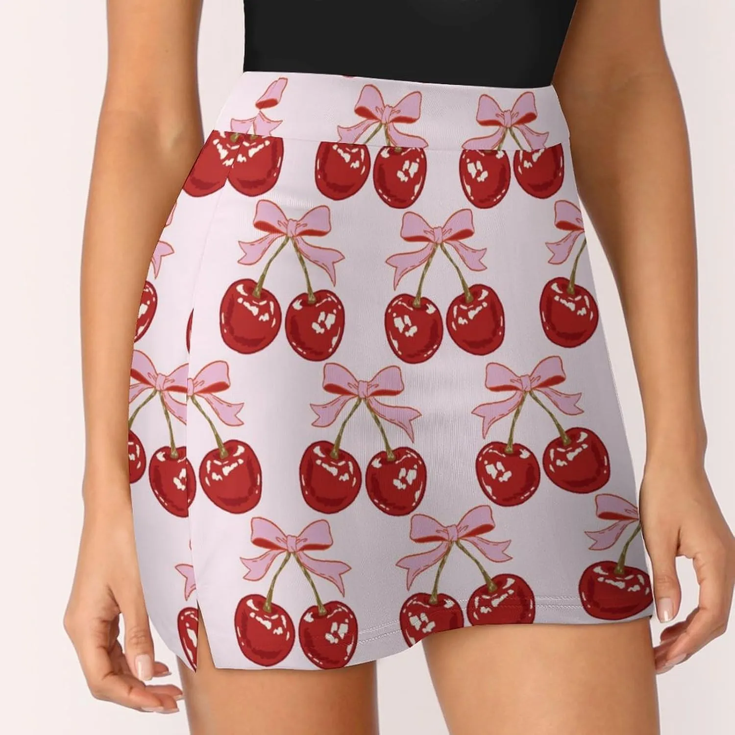 Hand Drawn Red Cherries Women's Mini Tennis Skirt with Shorts Underneath Athletic Workout Cute Skorts
