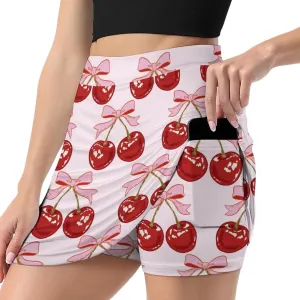 Hand Drawn Red Cherries Women's Mini Tennis Skirt with Shorts Underneath Athletic Workout Cute Skorts