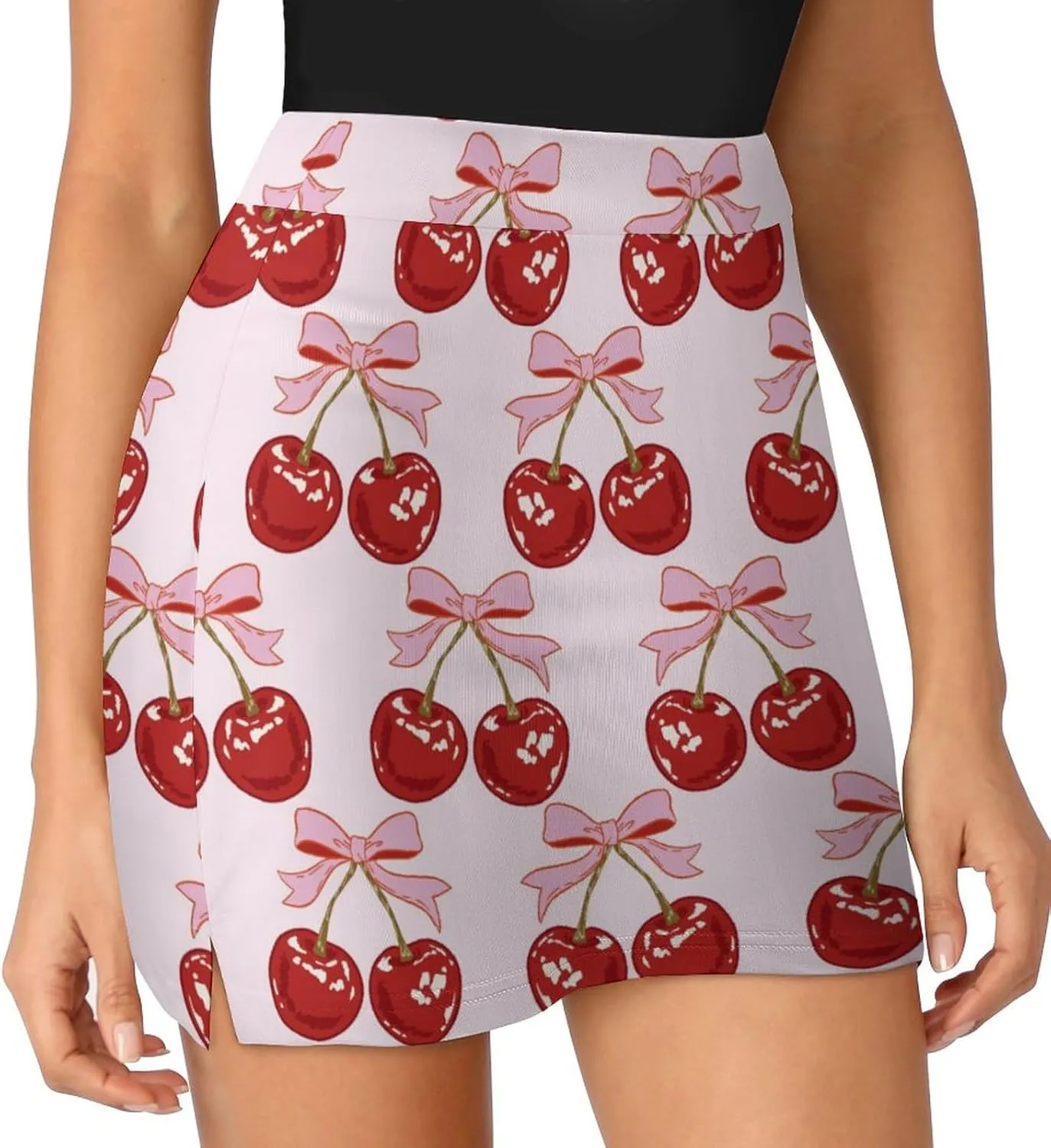 Hand Drawn Red Cherries Women's Mini Tennis Skirt with Shorts Underneath Athletic Workout Cute Skorts