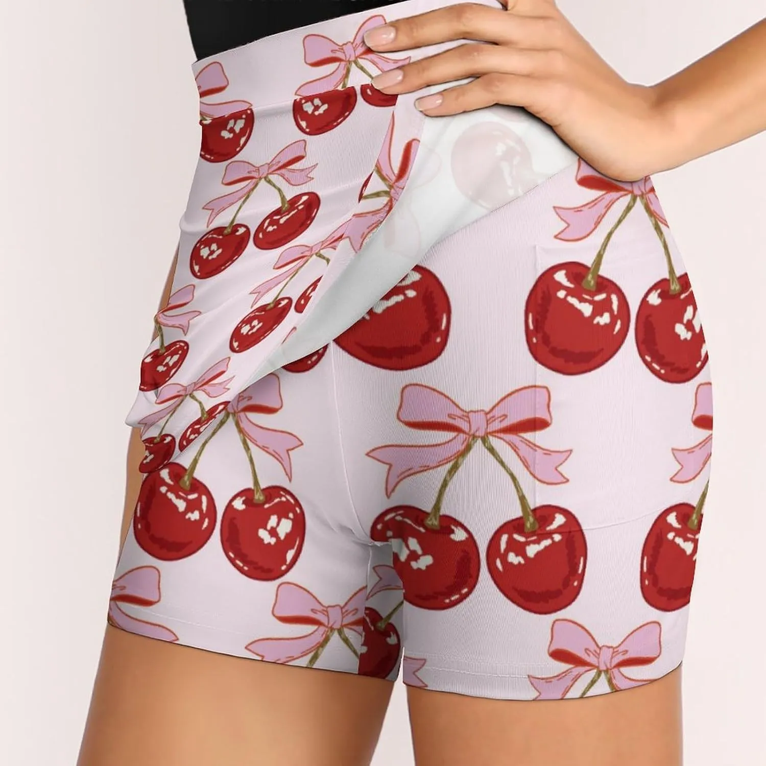 Hand Drawn Red Cherries Women's Mini Tennis Skirt with Shorts Underneath Athletic Workout Cute Skorts
