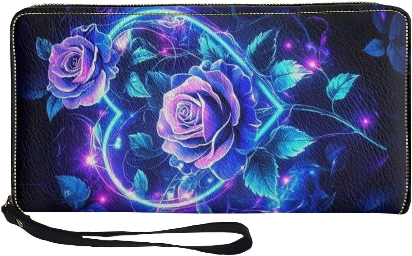 Heart Rose Blue Wristlet Wallets for Womens Leather Credit Card Holder RFID Blocking Large Capacity Purse Clutch