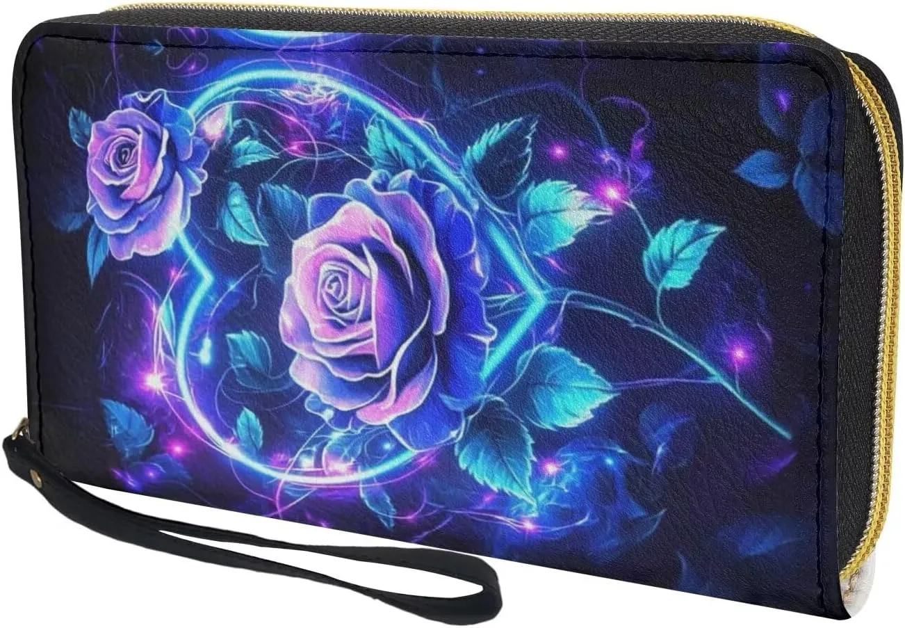 Heart Rose Blue Wristlet Wallets for Womens Leather Credit Card Holder RFID Blocking Large Capacity Purse Clutch