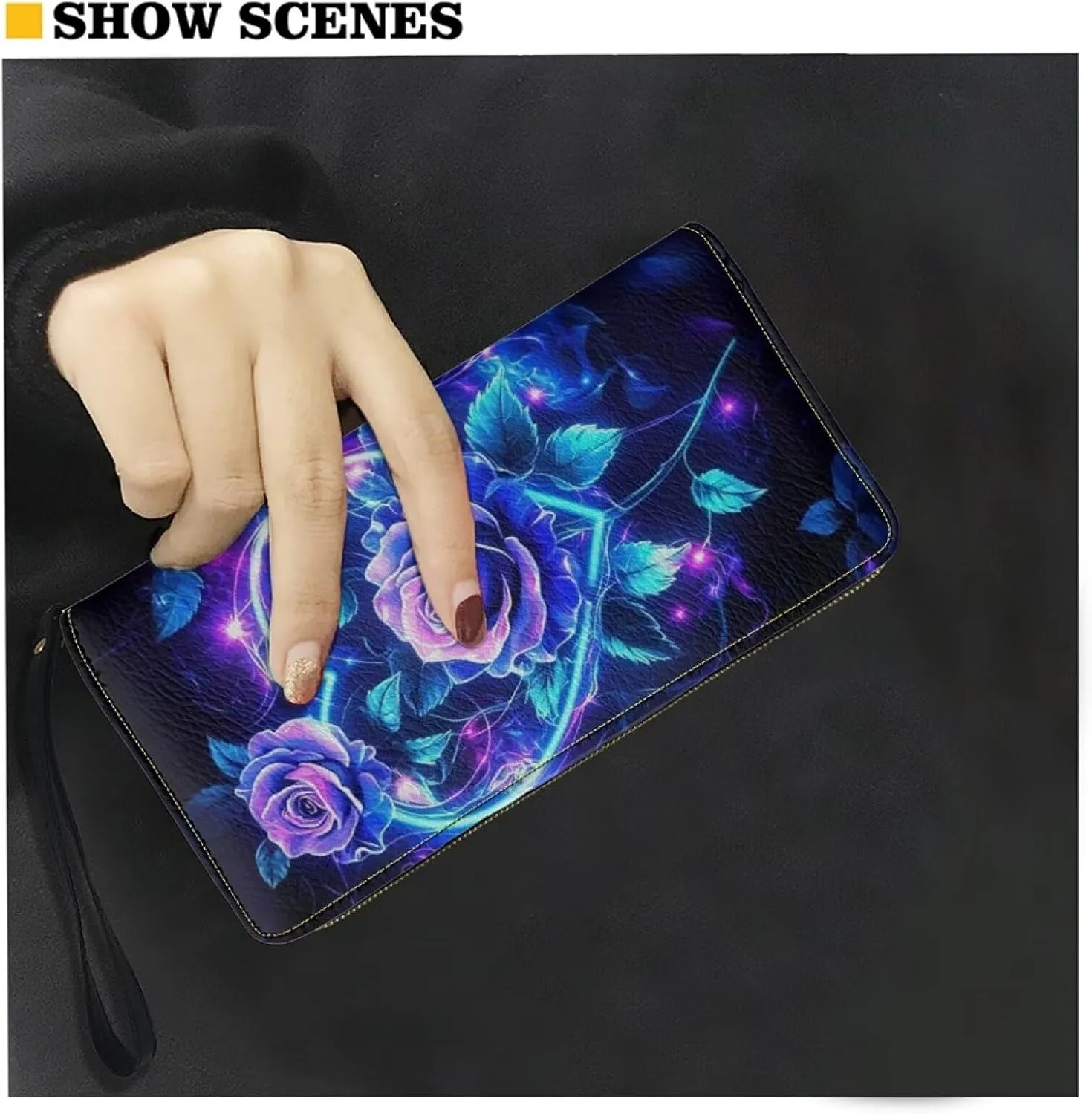 Heart Rose Blue Wristlet Wallets for Womens Leather Credit Card Holder RFID Blocking Large Capacity Purse Clutch