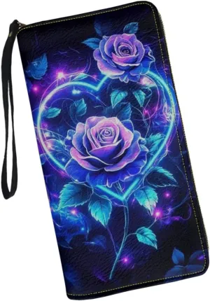 Heart Rose Blue Wristlet Wallets for Womens Leather Credit Card Holder RFID Blocking Large Capacity Purse Clutch