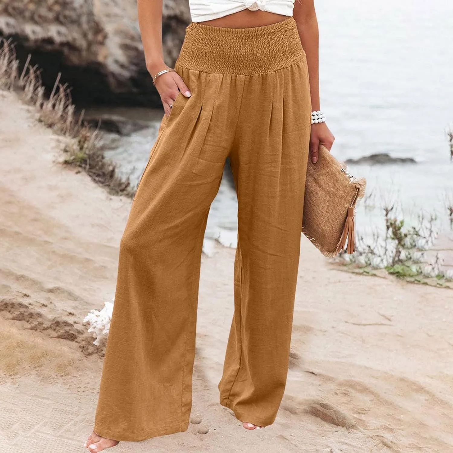 High Waist Cotton Linen Pants Wide Leg Palazzo Pants for Women Smocked Elastic Waist Loose Comfy Casual Pajama Pants