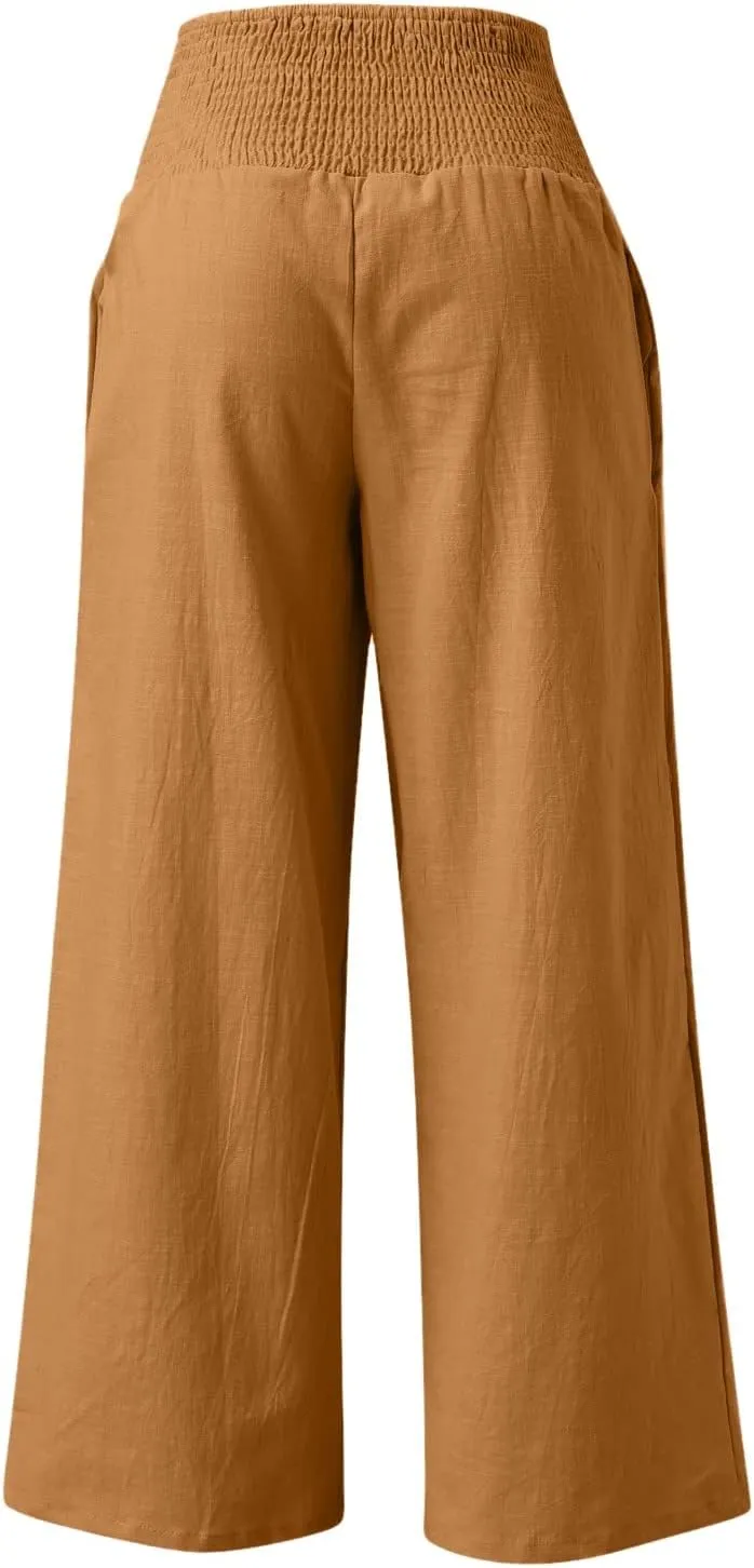 High Waist Cotton Linen Pants Wide Leg Palazzo Pants for Women Smocked Elastic Waist Loose Comfy Casual Pajama Pants
