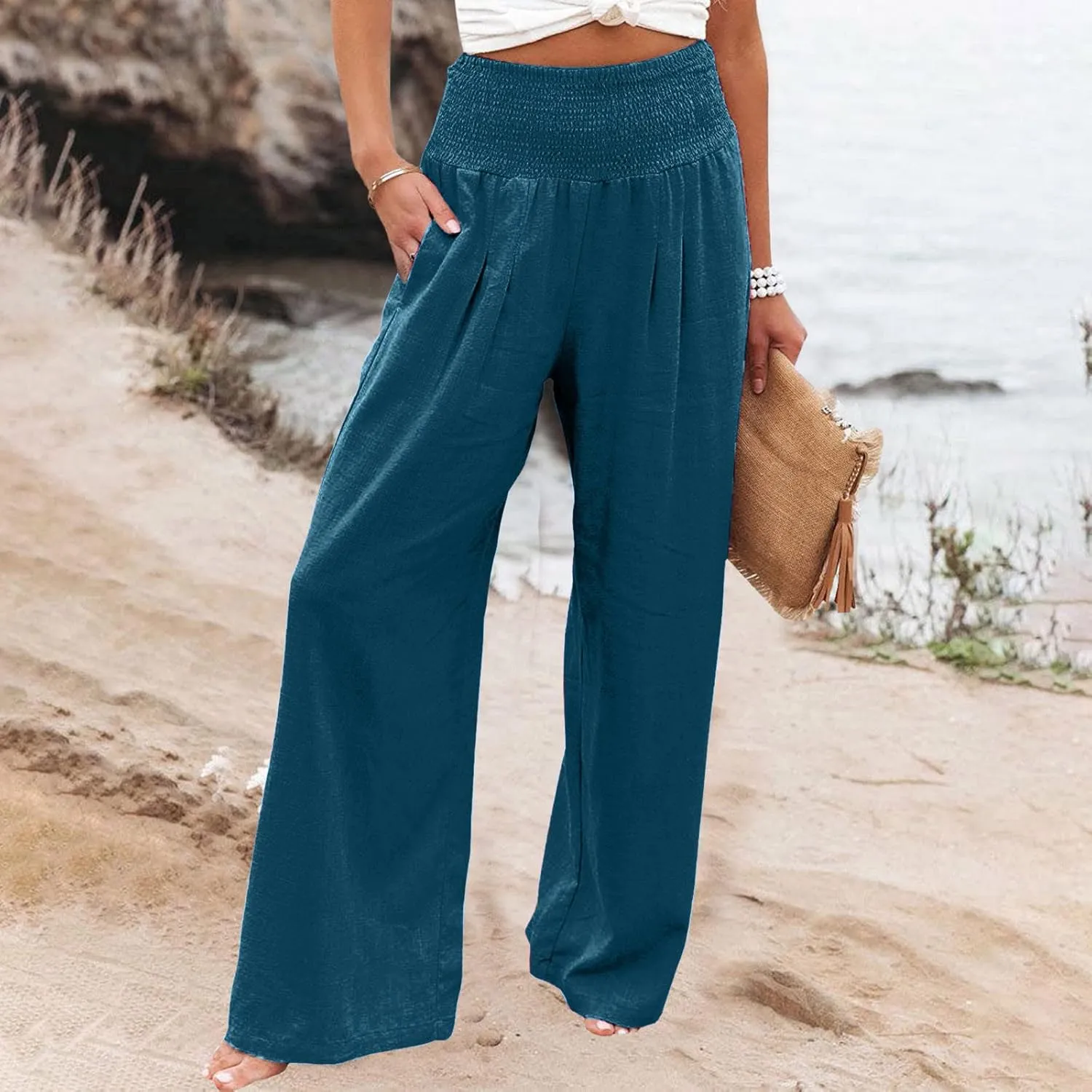 High Waist Cotton Linen Pants Wide Leg Palazzo Pants for Women Smocked Elastic Waist Loose Comfy Casual Pajama Pants