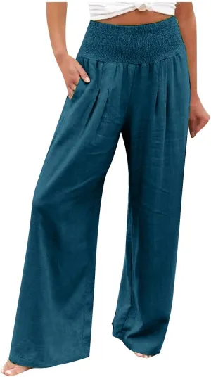 High Waist Cotton Linen Pants Wide Leg Palazzo Pants for Women Smocked Elastic Waist Loose Comfy Casual Pajama Pants