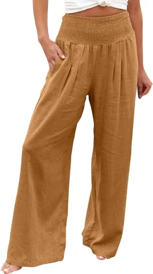 High Waist Cotton Linen Pants Wide Leg Palazzo Pants for Women Smocked Elastic Waist Loose Comfy Casual Pajama Pants