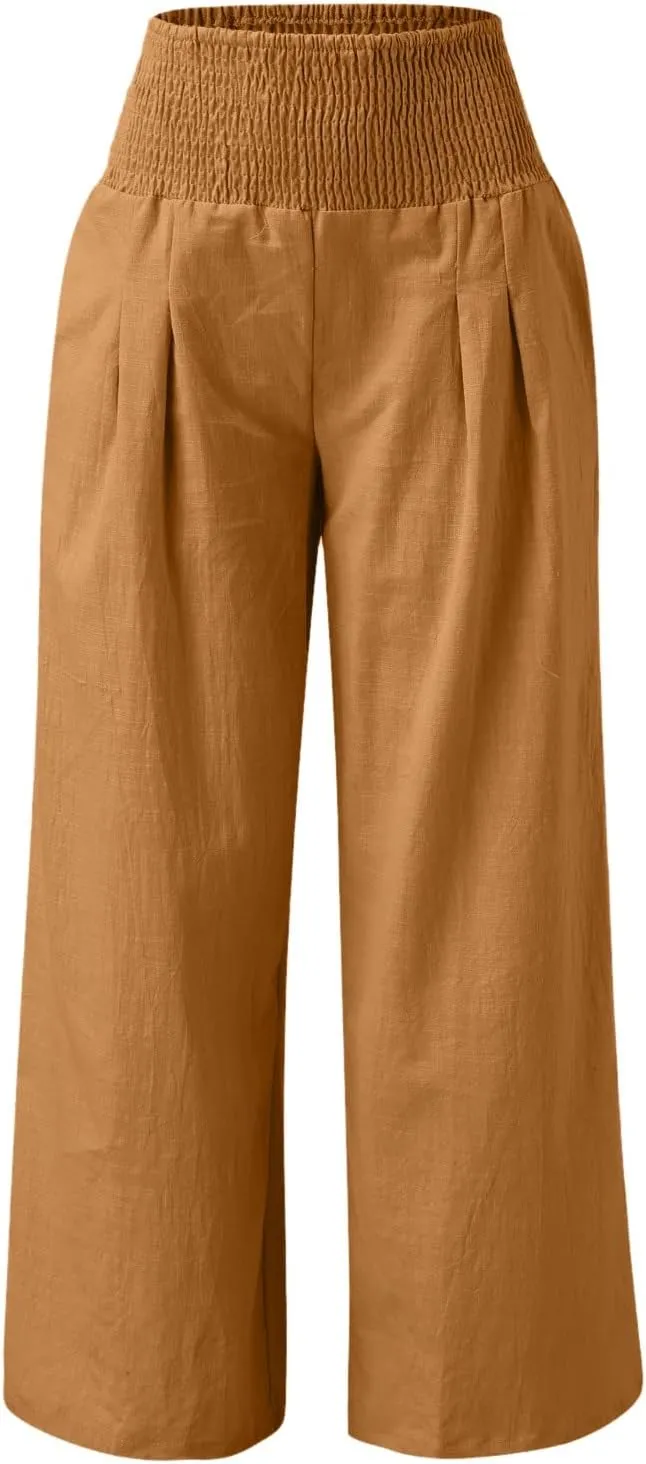 High Waist Cotton Linen Pants Wide Leg Palazzo Pants for Women Smocked Elastic Waist Loose Comfy Casual Pajama Pants