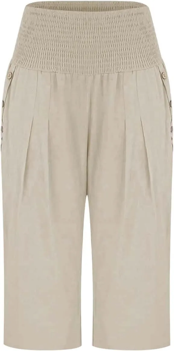 High Waisted Capri Pants for Women Linen Trendy Wide Leg Summer Loose Comfy Casual Palazzo Trousers with Pockets