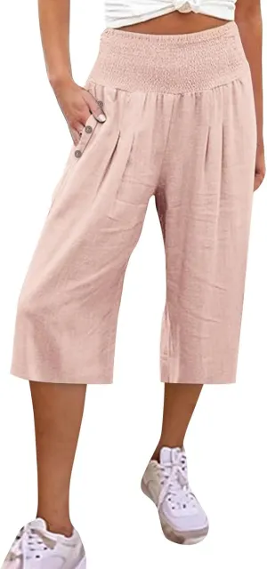 High Waisted Capri Pants for Women Linen Trendy Wide Leg Summer Loose Comfy Casual Palazzo Trousers with Pockets