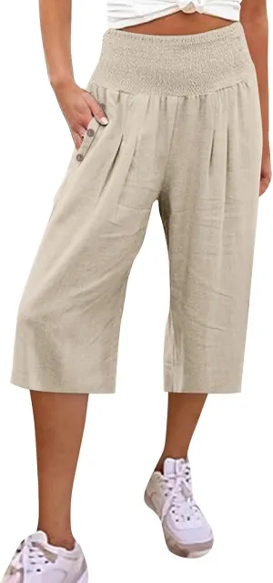 High Waisted Capri Pants for Women Linen Trendy Wide Leg Summer Loose Comfy Casual Palazzo Trousers with Pockets