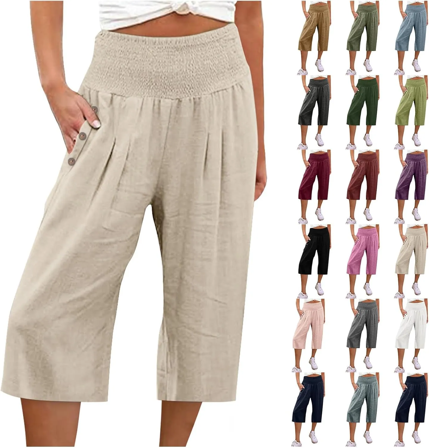 High Waisted Capri Pants for Women Linen Trendy Wide Leg Summer Loose Comfy Casual Palazzo Trousers with Pockets