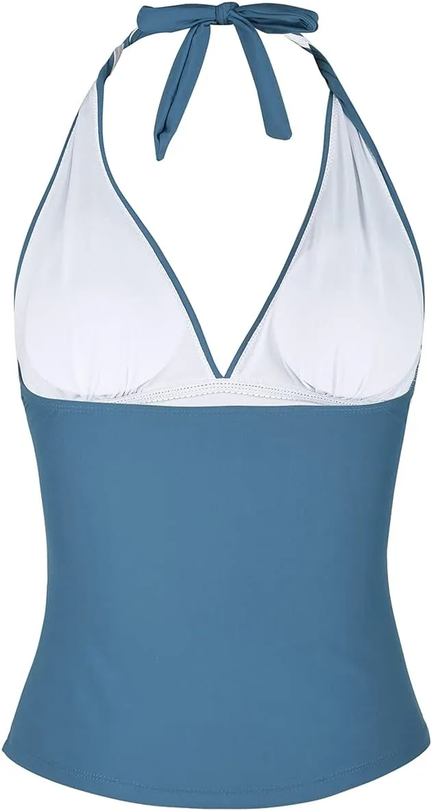 Hilor Women's Tummy Control Tankini Top Swimsuit Plunging V Neck Top Swimwear Halter Bathing Suits Swim Tops