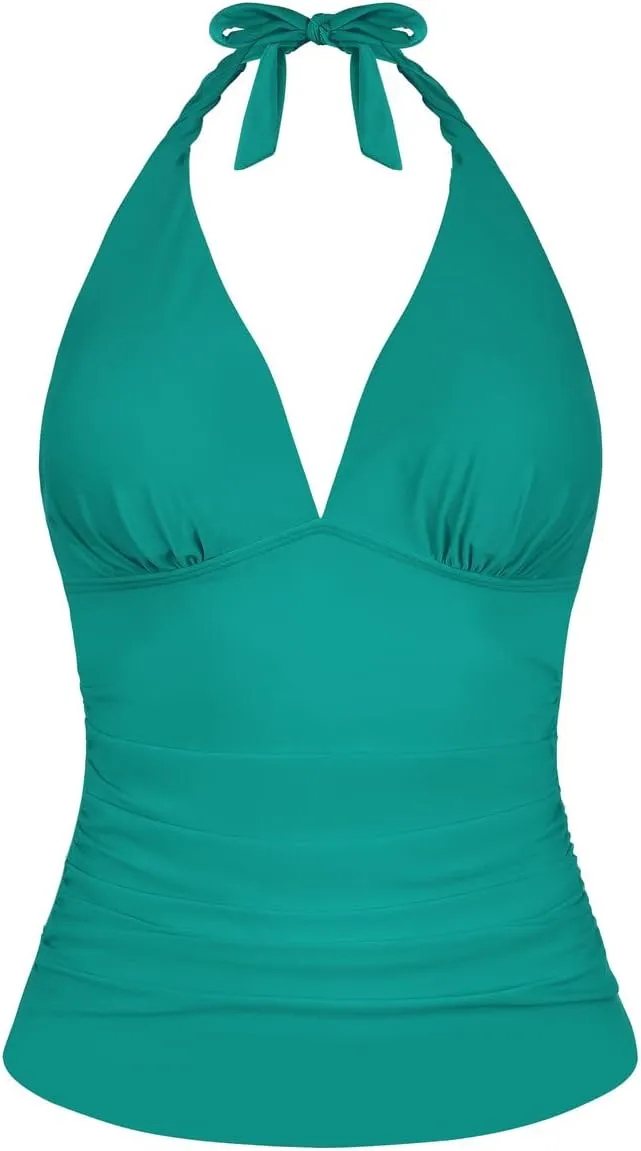 Hilor Women's Tummy Control Tankini Top Swimsuit Plunging V Neck Top Swimwear Halter Bathing Suits Swim Tops
