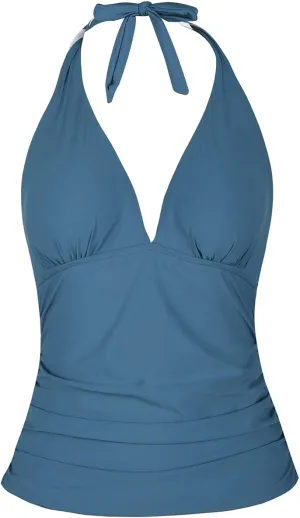 Hilor Women's Tummy Control Tankini Top Swimsuit Plunging V Neck Top Swimwear Halter Bathing Suits Swim Tops
