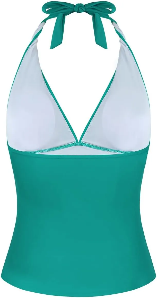 Hilor Women's Tummy Control Tankini Top Swimsuit Plunging V Neck Top Swimwear Halter Bathing Suits Swim Tops