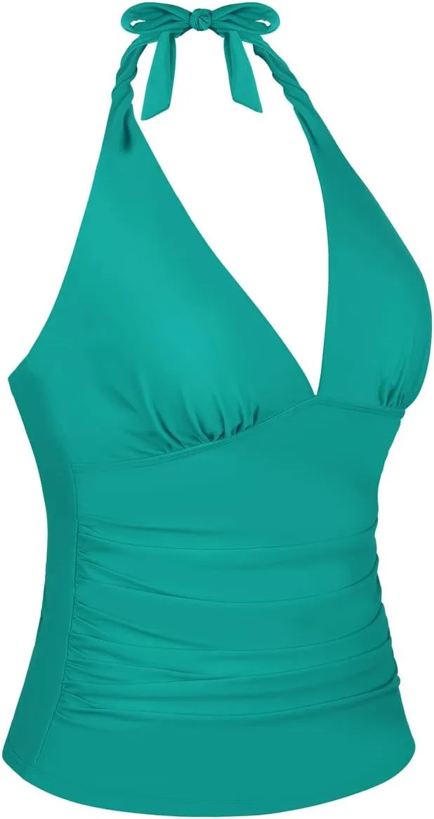 Hilor Women's Tummy Control Tankini Top Swimsuit Plunging V Neck Top Swimwear Halter Bathing Suits Swim Tops