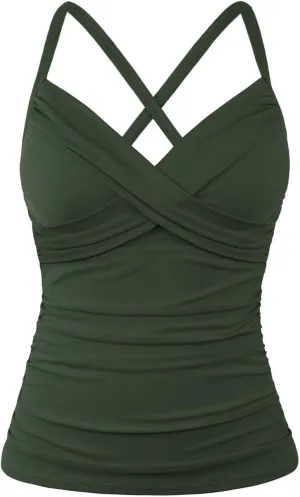 Hilor Women's Underwire Tankini Top Swimwear Twist V Neck Swimsuits for Big Busted Tummy Control Bathing Suits Top Only