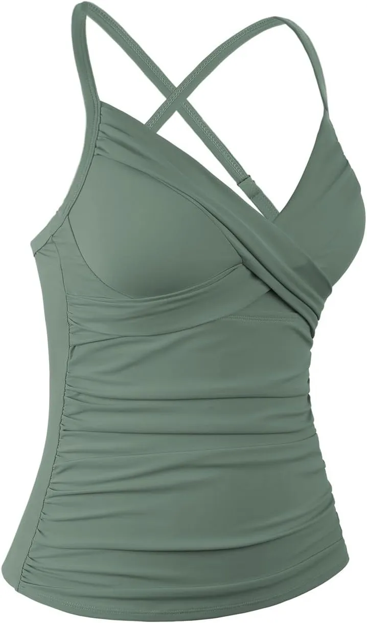 Hilor Women's Underwire Tankini Top Swimwear Twist V Neck Swimsuits for Big Busted Tummy Control Bathing Suits Top Only