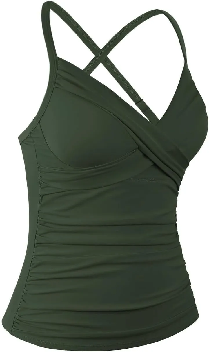 Hilor Women's Underwire Tankini Top Swimwear Twist V Neck Swimsuits for Big Busted Tummy Control Bathing Suits Top Only