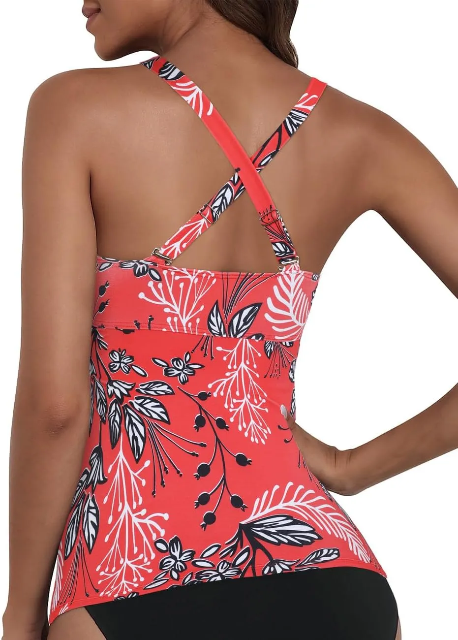 Hilor Women's Underwire Tankini Top Tummy Control Bathing Suits Sexy V Neck Crossover Swim Top Only