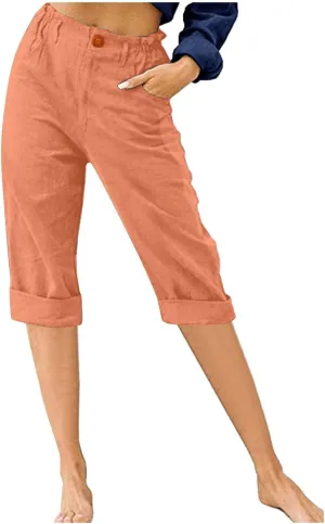 hlysgo Women's Casual Capri Pants High Waisted Cotton Linen Pants Summer Loose Comfy Beach Cropped Trouser with Pockets