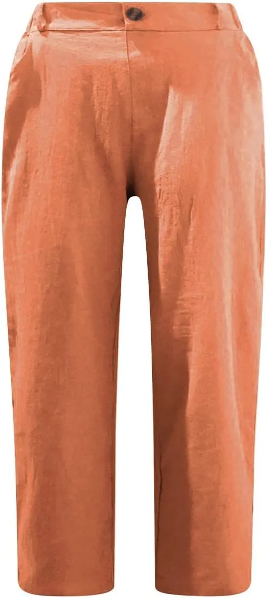 hlysgo Women's Casual Capri Pants High Waisted Cotton Linen Pants Summer Loose Comfy Beach Cropped Trouser with Pockets