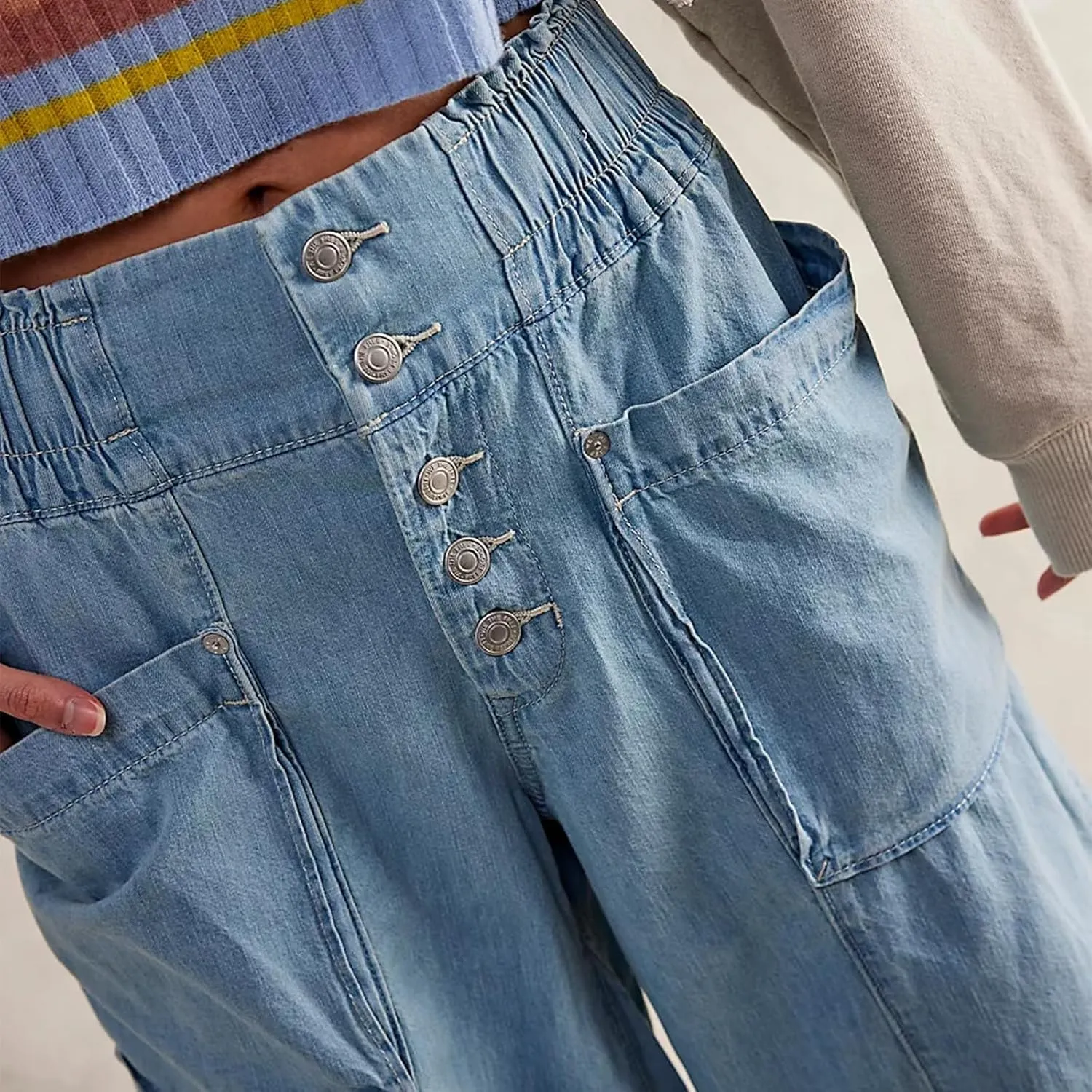 ICNGLKSND Women Denim Palazzo Jeans High Waist Raw Hem Baggy Pant Wide Leg Loose Culottes with Pockets Indigo Gaucho Trouser