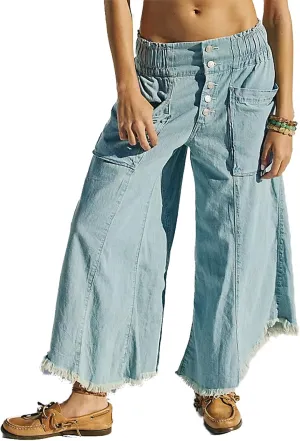 ICNGLKSND Women Denim Palazzo Jeans High Waist Raw Hem Baggy Pant Wide Leg Loose Culottes with Pockets Indigo Gaucho Trouser
