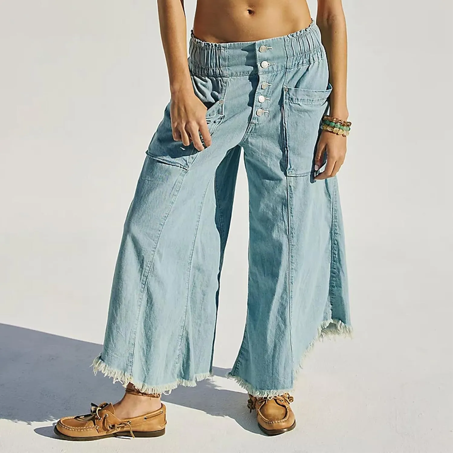 ICNGLKSND Women Denim Palazzo Jeans High Waist Raw Hem Baggy Pant Wide Leg Loose Culottes with Pockets Indigo Gaucho Trouser