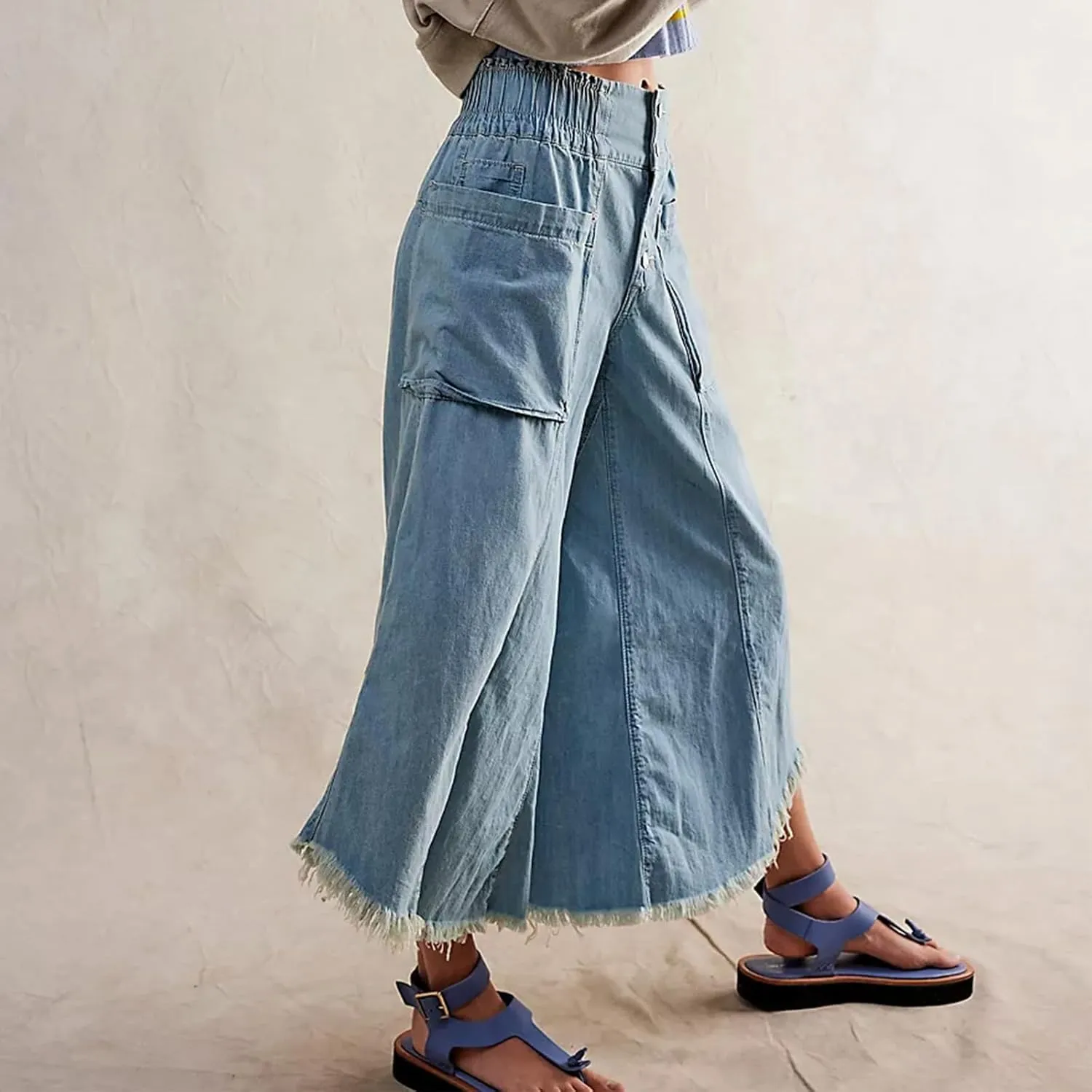 ICNGLKSND Women Denim Palazzo Jeans High Waist Raw Hem Baggy Pant Wide Leg Loose Culottes with Pockets Indigo Gaucho Trouser