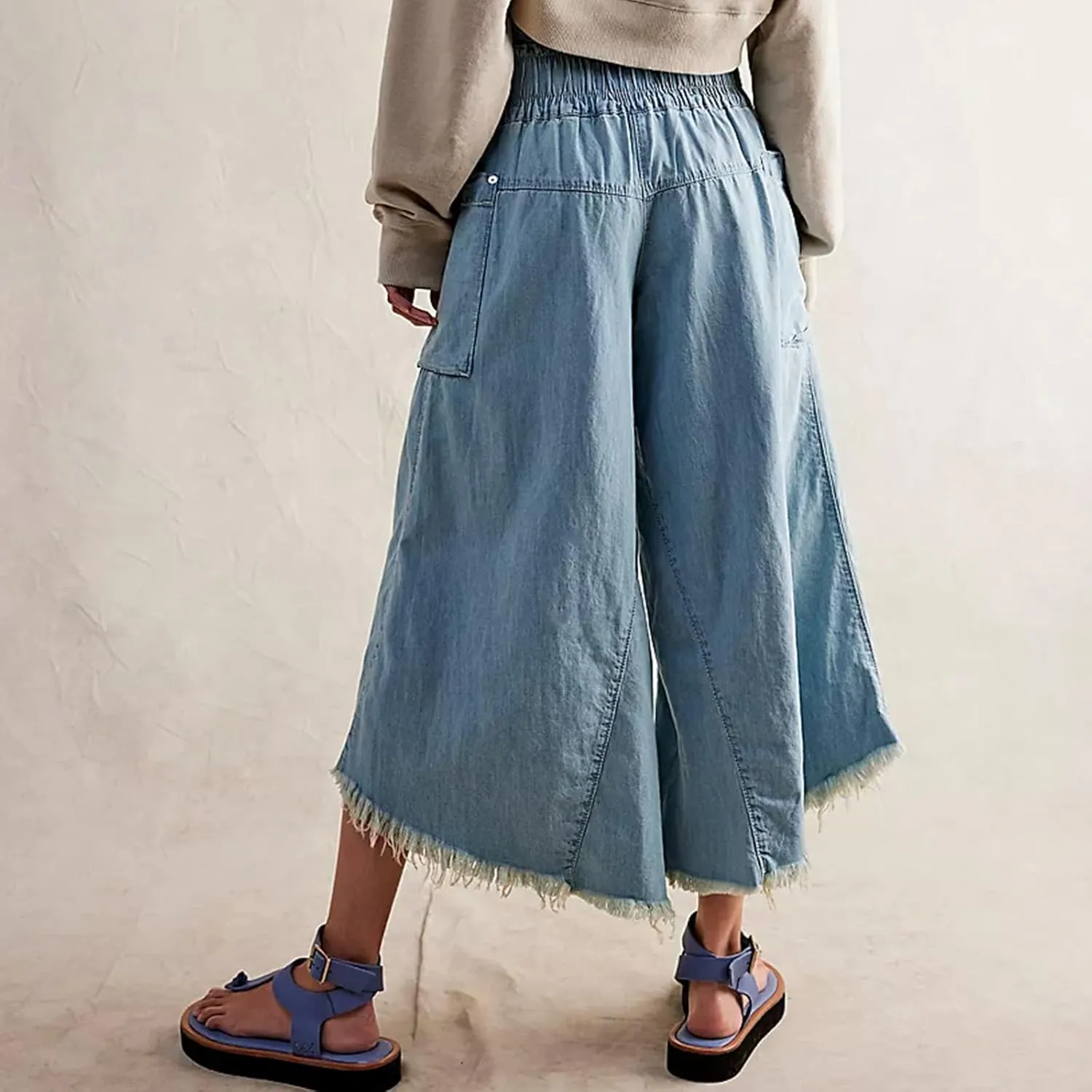 ICNGLKSND Women Denim Palazzo Jeans High Waist Raw Hem Baggy Pant Wide Leg Loose Culottes with Pockets Indigo Gaucho Trouser