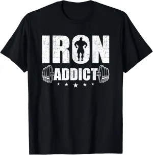 Iron Addict T-Shirt - Men's Black Cotton Blend Short Sleeve Classic Fit T-Shirt - Workout & Exercise and Fitness - Size Small
