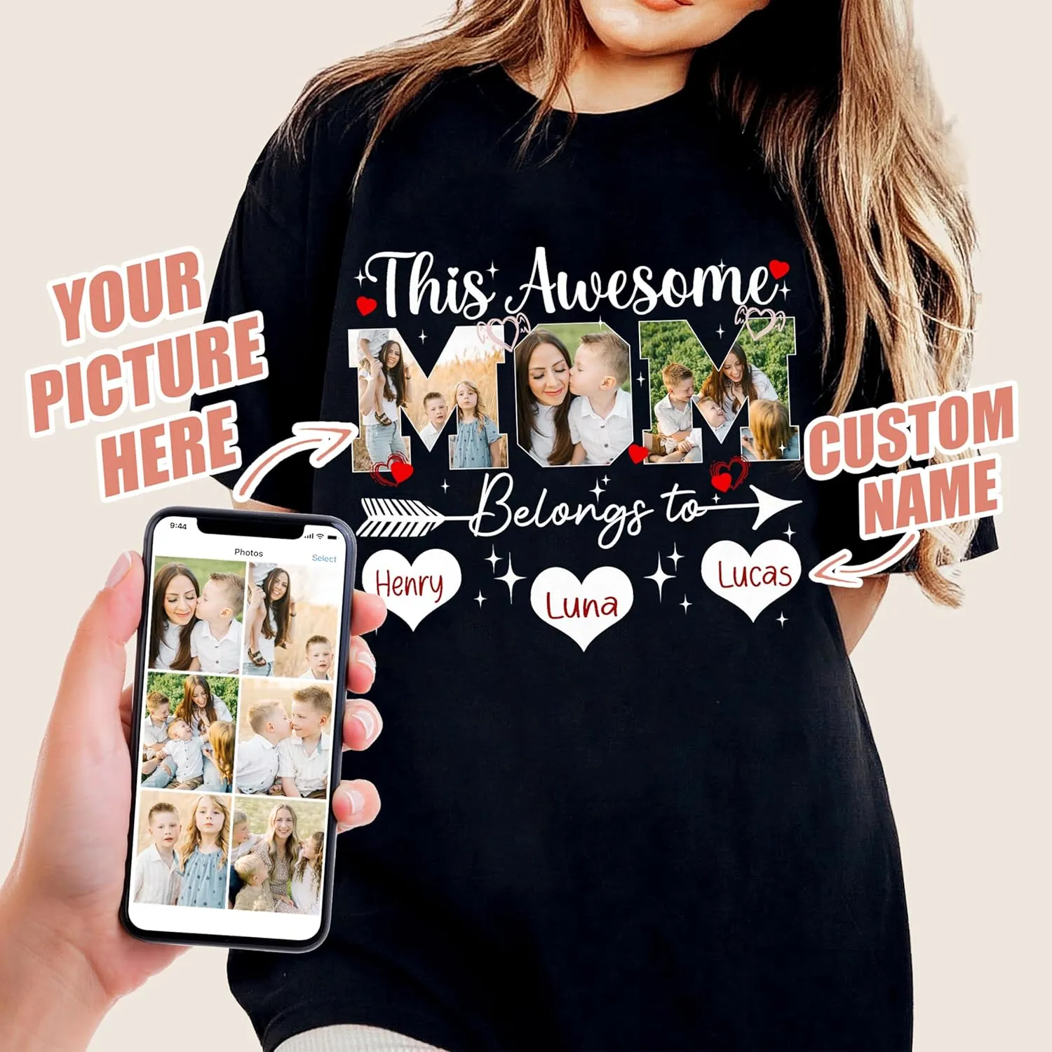JIX & JOKY Custom Shirt with Picture Custom Mothers Day Shirt for Mom Photo Tshirt with Face Gift for Mothers Day Birthday