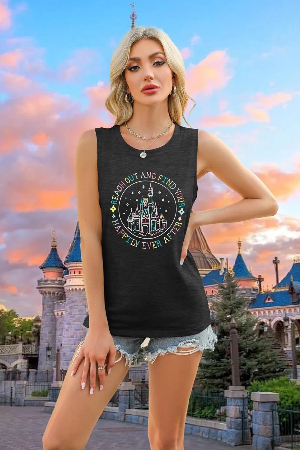 KIDDAD Magic Kingdom Tank Tops for Women: Magical Shirts Fairy Castle Shirt Family Vacation Vest Summer Sleeveless Tops