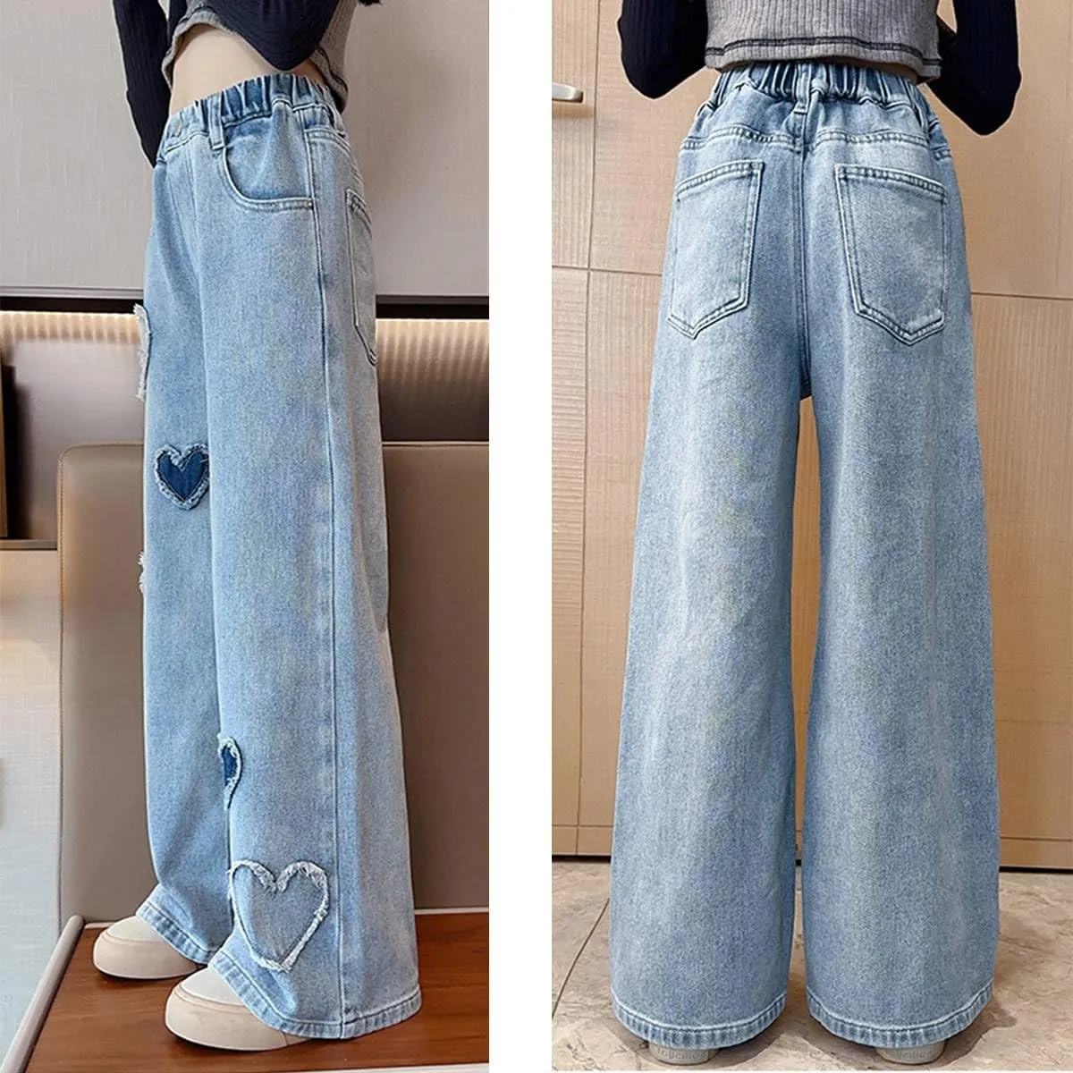 Kids Girls Baggy Jeans Heart Print Casual Wide Leg Loose fit Denim Pants Size 5-14 Years