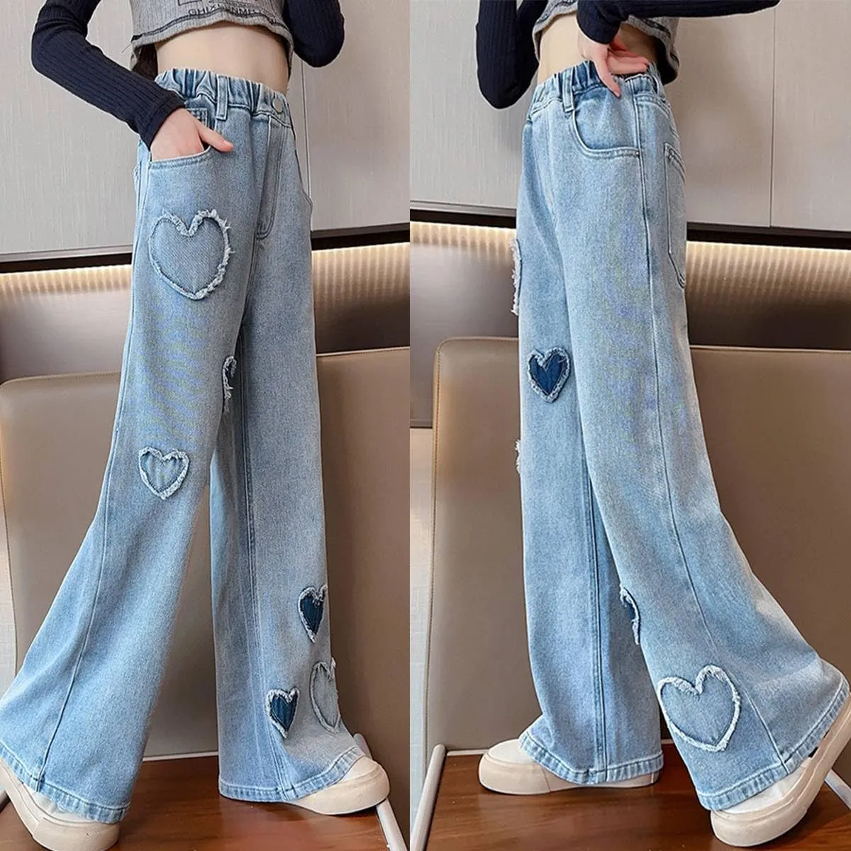 Kids Girls Baggy Jeans Heart Print Casual Wide Leg Loose fit Denim Pants Size 5-14 Years