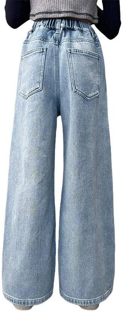 Kids Girls Baggy Jeans Heart Print Casual Wide Leg Loose fit Denim Pants Size 5-14 Years