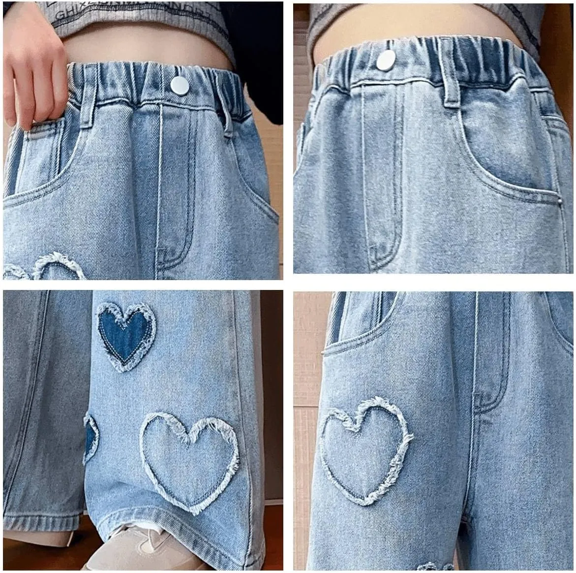 Kids Girls Baggy Jeans Heart Print Casual Wide Leg Loose fit Denim Pants Size 5-14 Years