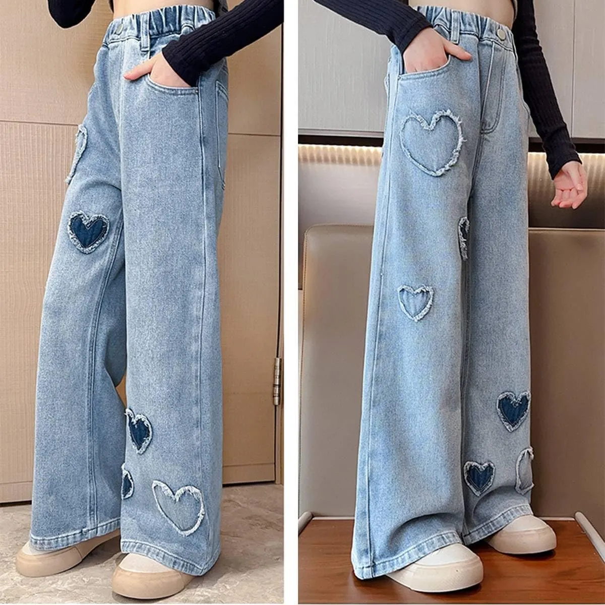 Kids Girls Baggy Jeans Heart Print Casual Wide Leg Loose fit Denim Pants Size 5-14 Years