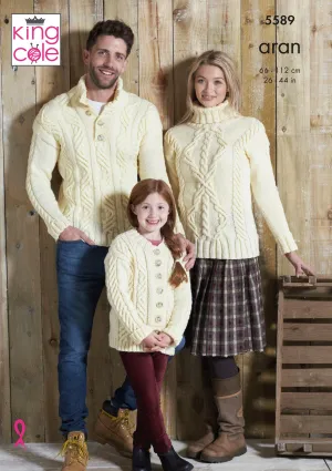 King Cole Aran Knitting Pattern - Cabled Sweaters & Cardigan (5589)
