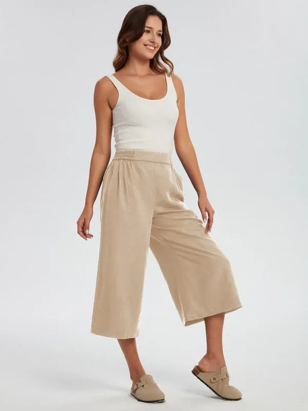 Les umes Women Linen Pants Summer Wide Leg Capri Pants High Waist Loose Cropped Lounge Trousers Culottes