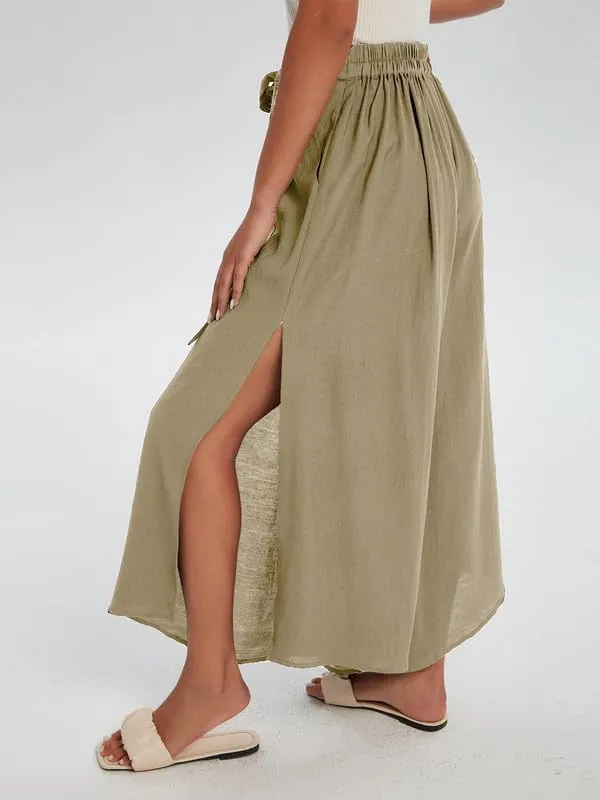 Les umes Womens Wide Leg Pants High Waist Side Split Flowy Palazzo Pants Belted Loose Beach Casual Crop Trousers with Pockets